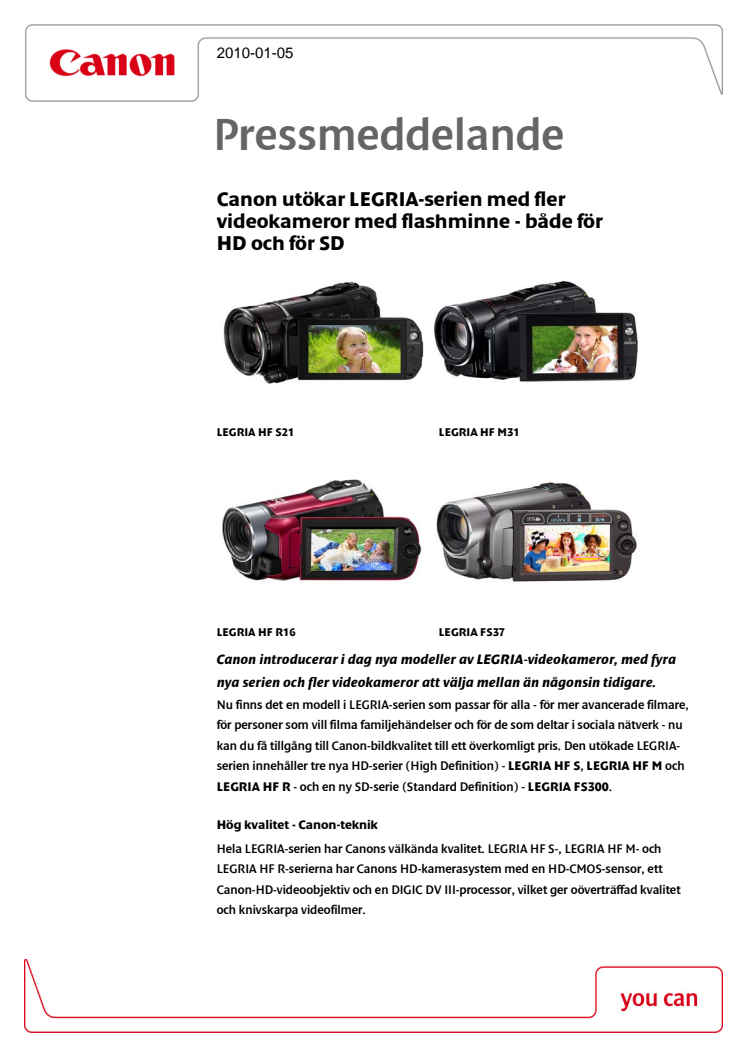 Canon utökar LEGRIA-serien med fler videokameror med flashminne - både för HD och för SD 