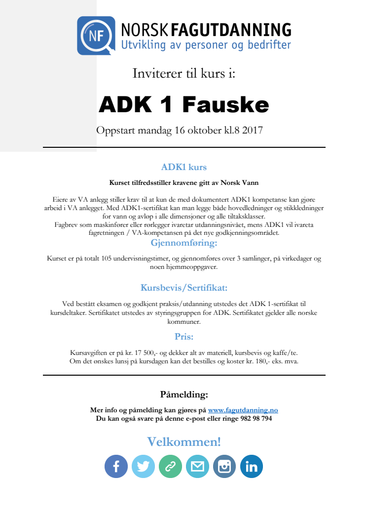 Invitasjon til ADK 1 kurs på Fauske med oppstart mandag 16 oktober 2017
