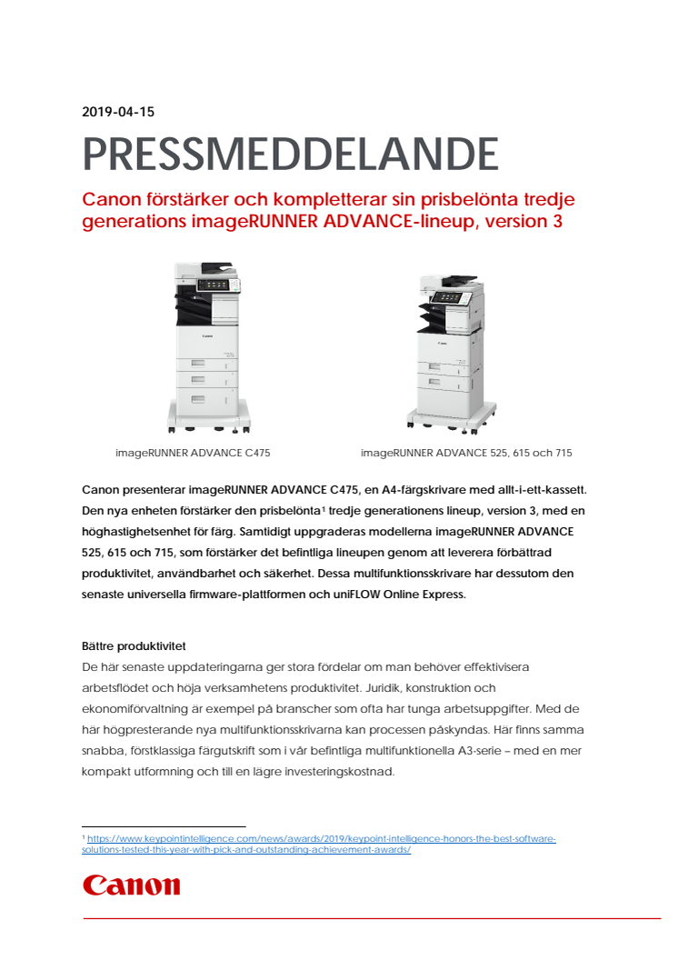 Canon förstärker och kompletterar sin prisbelönta tredje generations imageRUNNER ADVANCE-lineup, version 3