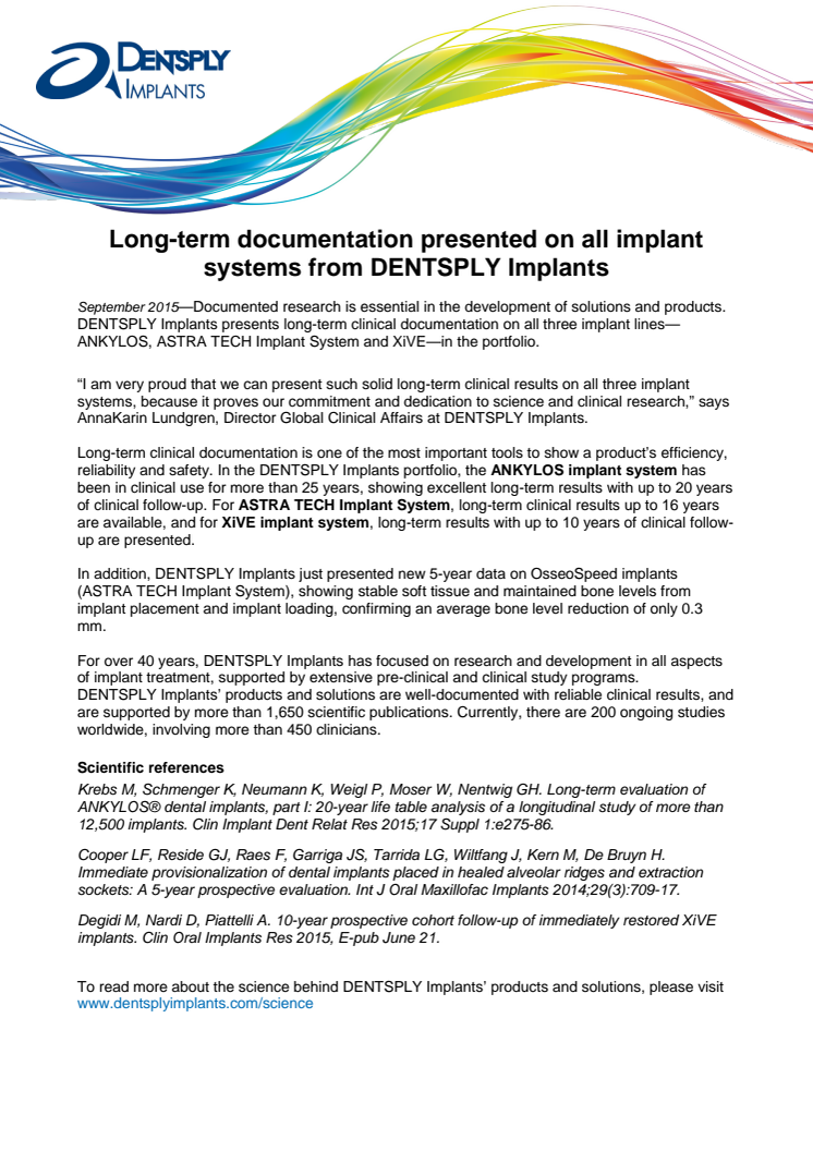 Long-term documentation presented on all implant systems from DENTSPLY Implants 