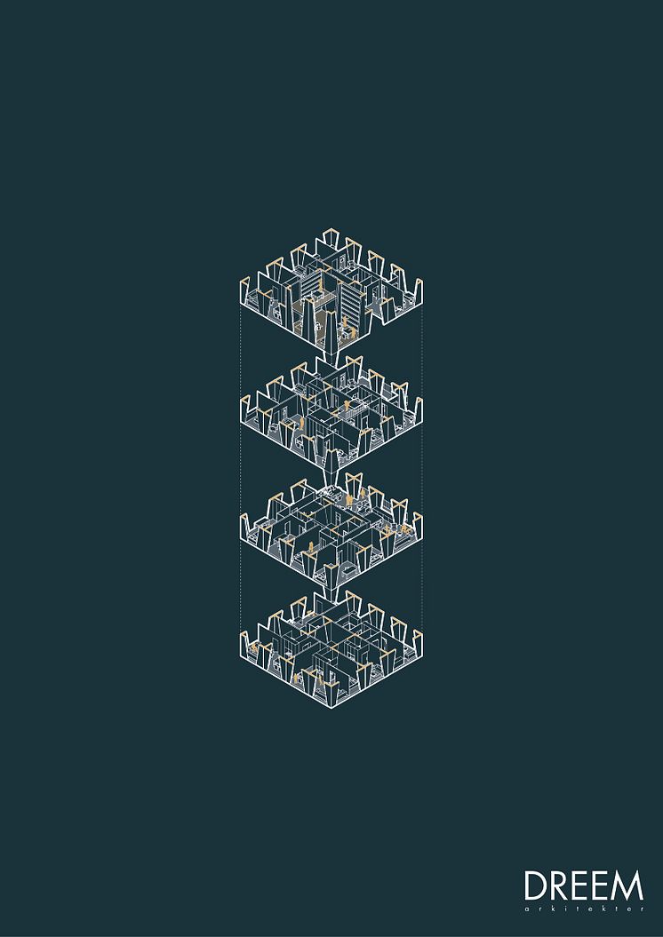 Sprängskiss över höghus i förslaget 'Collective Geometries' 