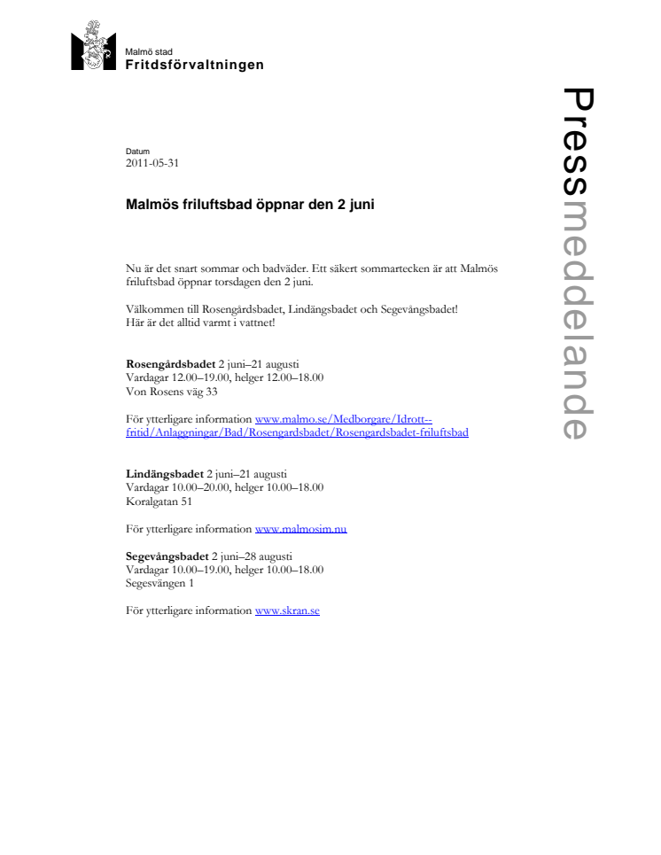 Malmös friluftsbad öppnar den 2 juni