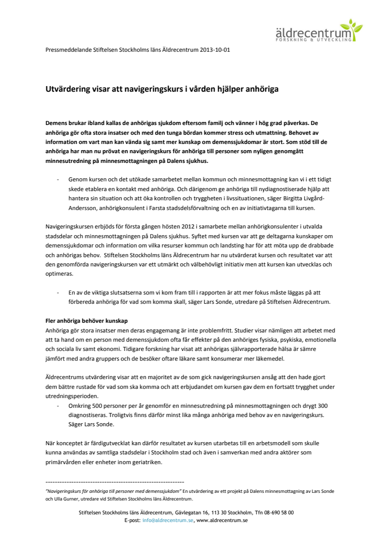 Utvärdering visar att navigeringskurs i vården hjälper anhöriga