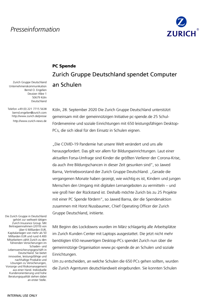 Zurich Gruppe Deutschland spendet Computer an Schulen