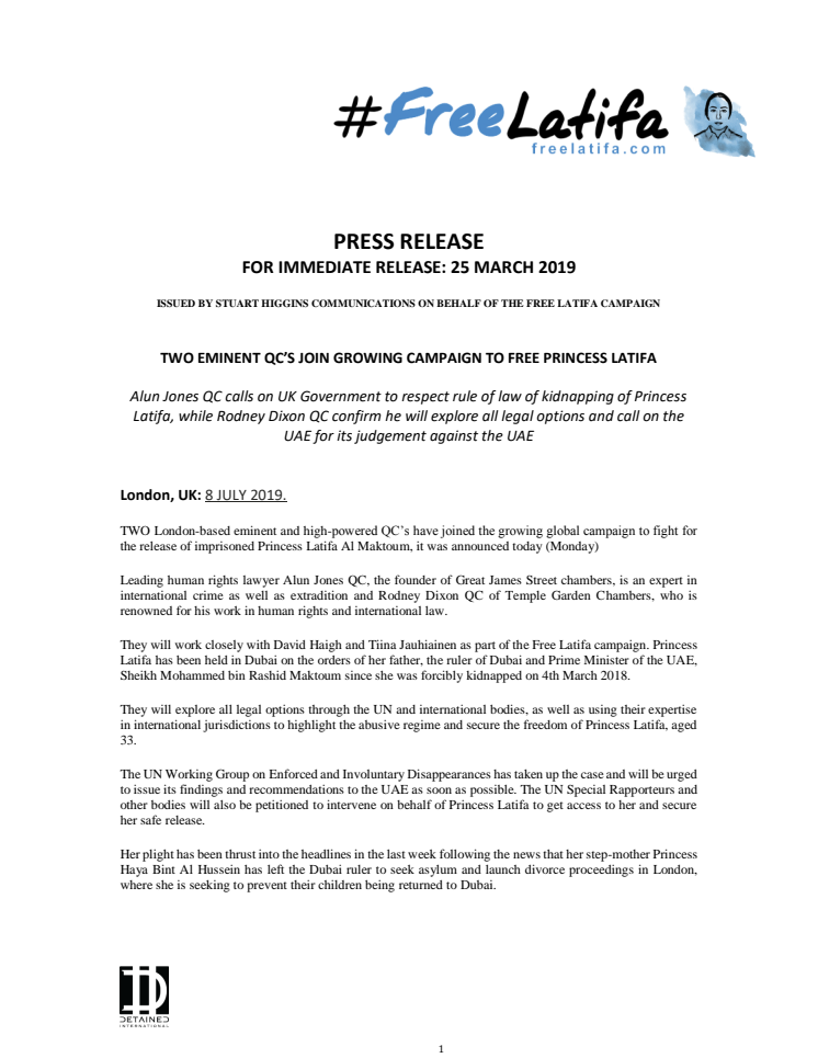 TWO EMINENT QC’S JOIN GROWING CAMPAIGN TO FREE PRINCESS LATIFA #FREELATIFA