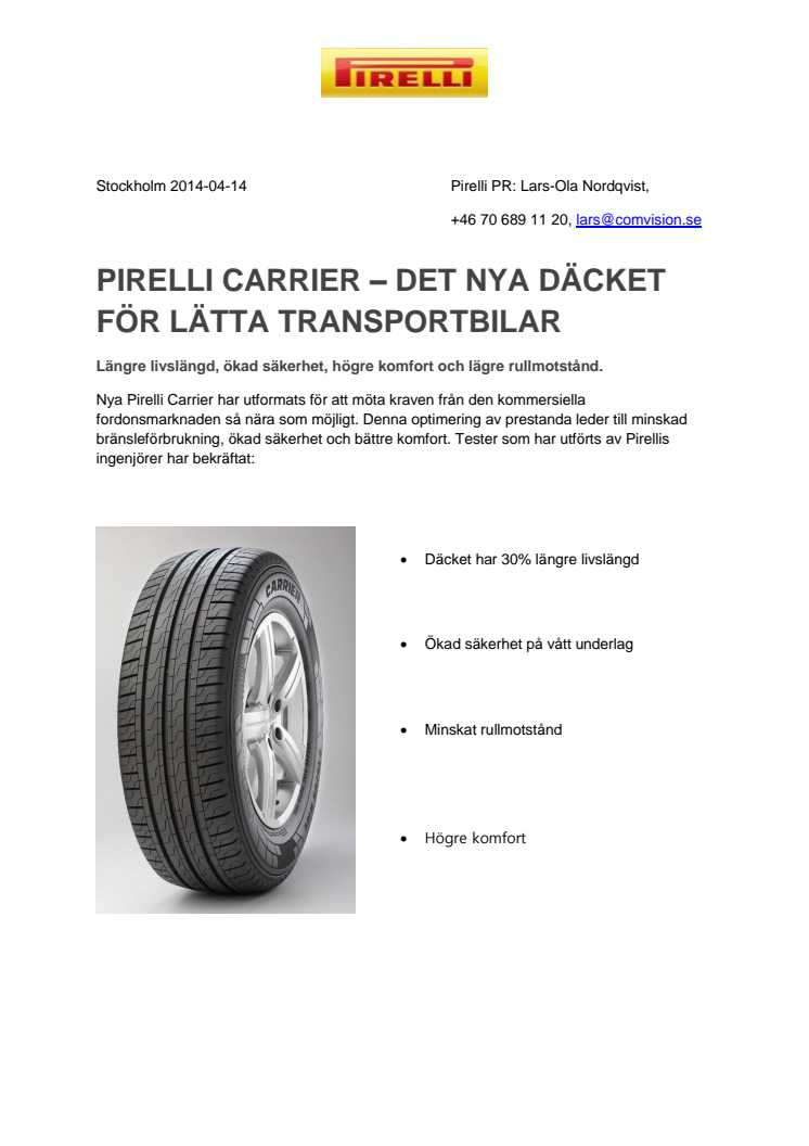 PIRELLI CARRIER – TEKNISK FAKTA