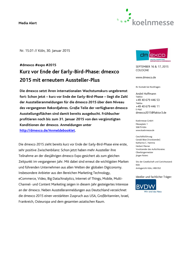 Kurz vor Ende der Early-Bird-Phase: dmexco 2015 mit erneutem Aussteller-Plus