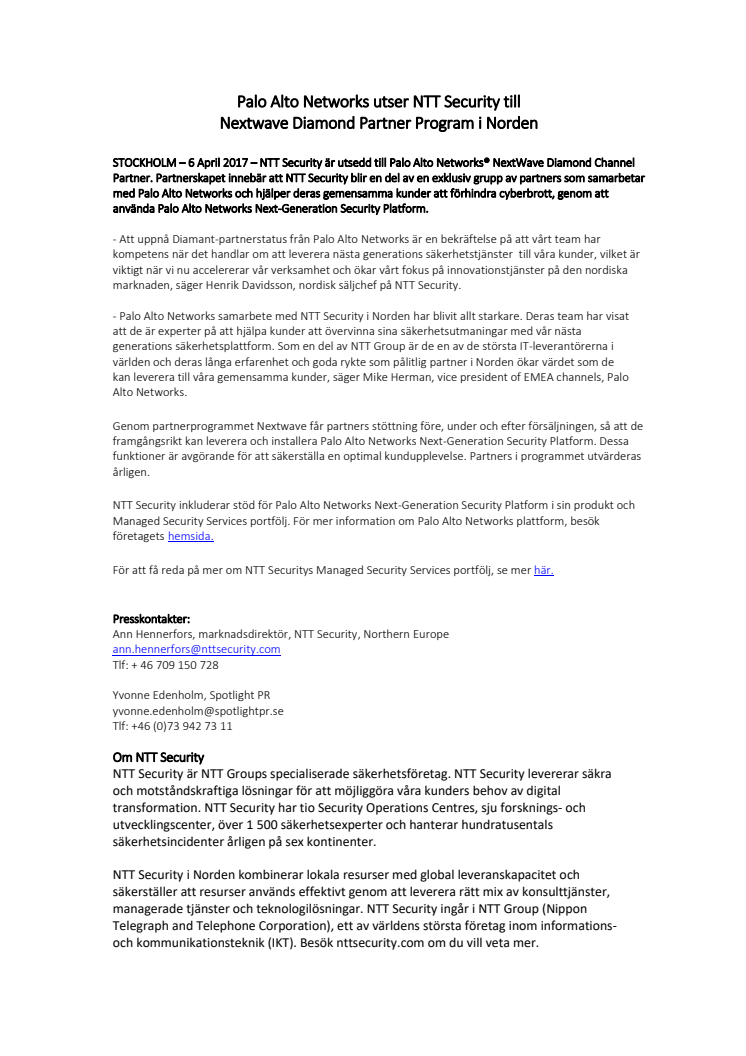 Palo Alto Networks utser NTT Security till  Nextwave Diamond Partner i Norden