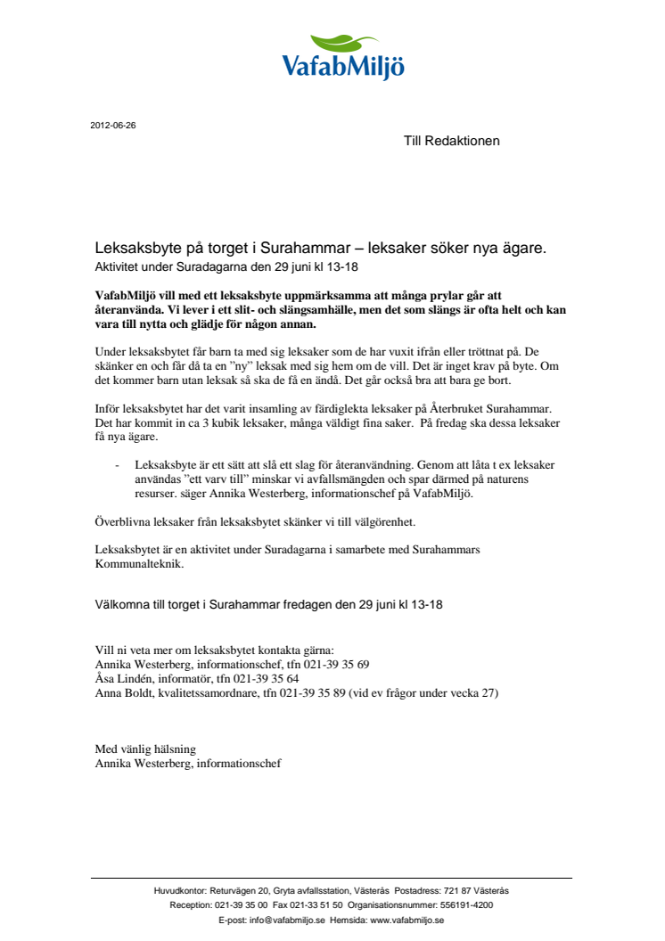 Leksaksbyte i Surahammar den 29 juni - leksaker söker nya ägare