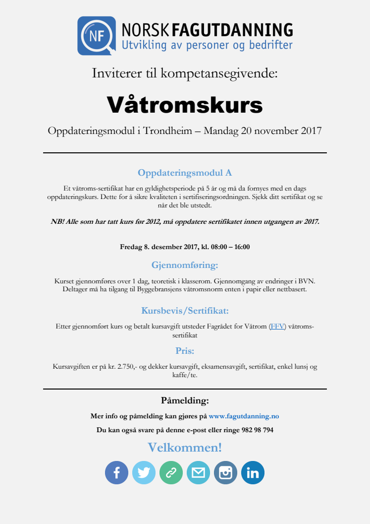 Oppdateringskurs for våtrom i Trondheim den 20 november 2017