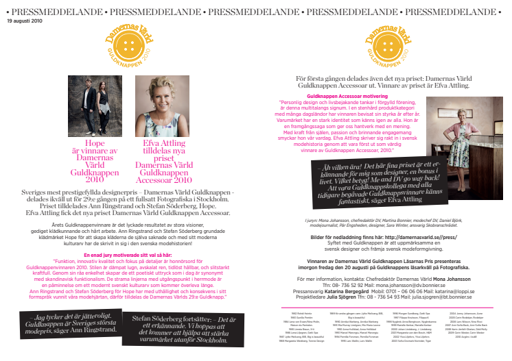 Hope är vinnare av Damernas Värld Guldknappen 2010 - Efva Attling tilldelas nya priset Damernas Värld Guldknappen Accessoar 2010