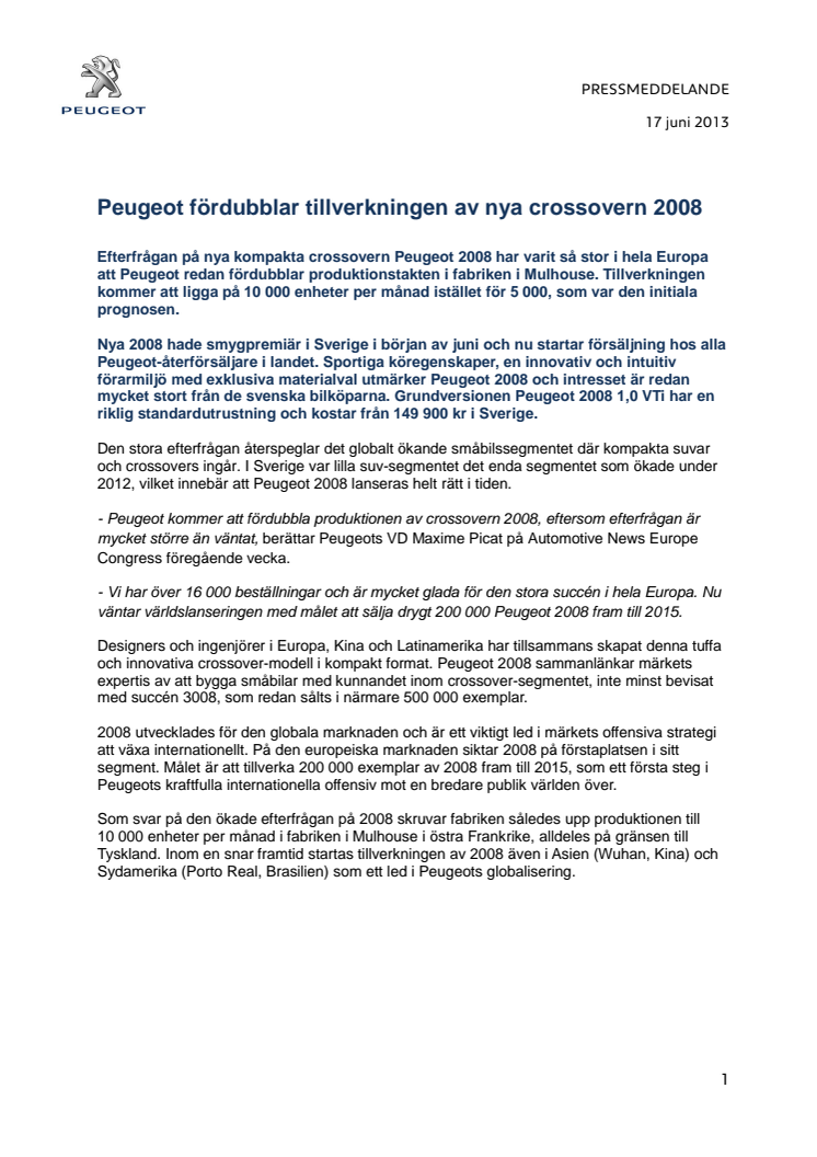 Peugeot fördubblar tillverkningen av nya crossovern 2008