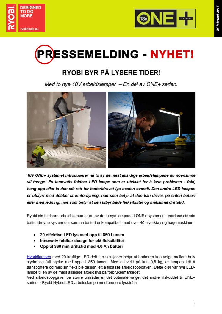 Ryobi byr på lysere tider med to nye 18V arbeidslamper