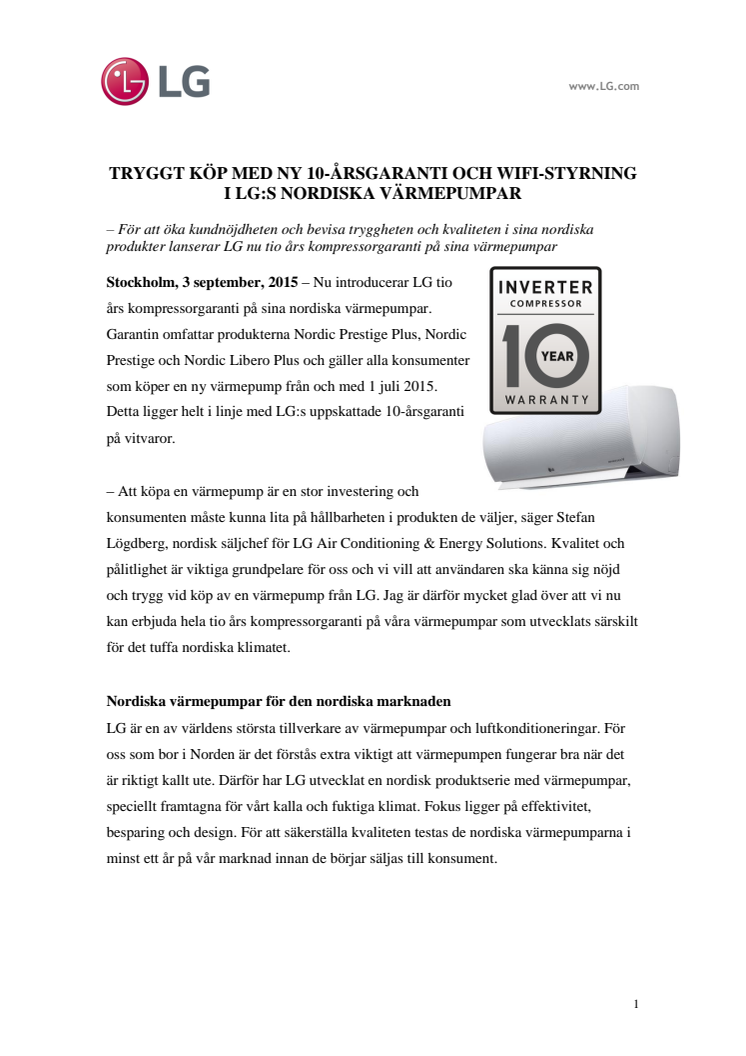 TRYGGT KÖP MED NY 10-ÅRSGARANTI OCH WIFI-STYRNING I LG:S NORDISKA VÄRMEPUMPAR