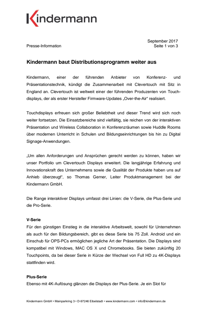 Kindermann baut mit Clevertouch sein Distributionsprogramm weiter aus