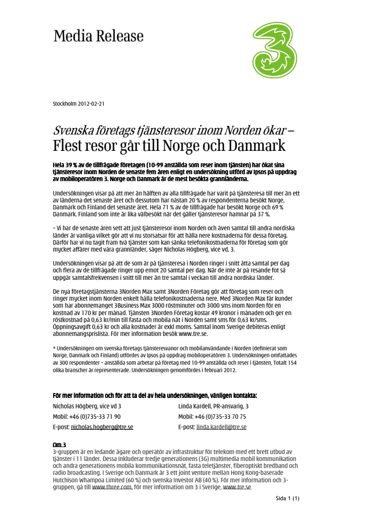 Svenska företags tjänsteresor inom Norden ökar – Flest resor går till Norge och Danmark