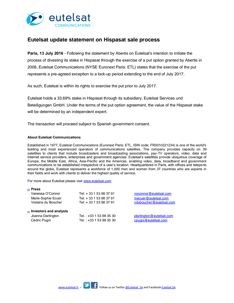 Eutelsat update statement on Hispasat sale process