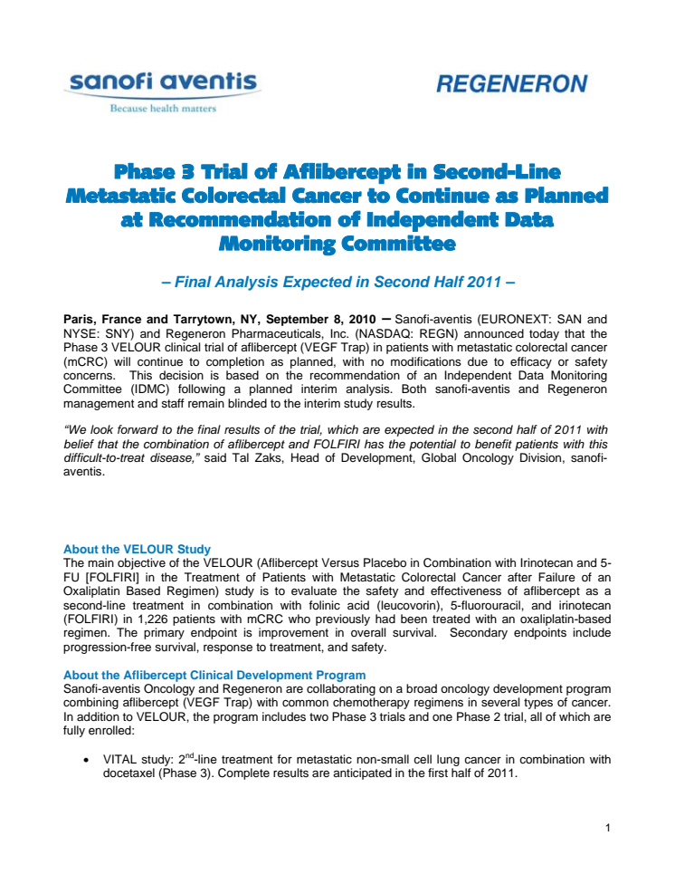 Phase 3 Trial of Aflibercept in Second-Line Metastatic Colorectal Cancer to Continue as Planned at Recommendation of Independent Data Monitoring Committee