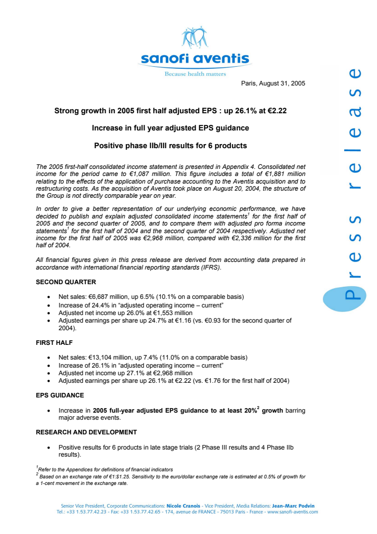 Strong growth in 2005 first half adjusted EPS : up 26.1% at 2.22
