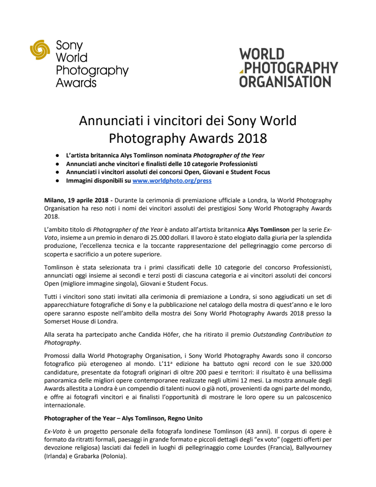 Annunciati i vincitori dei Sony World  Photography Awards 2018