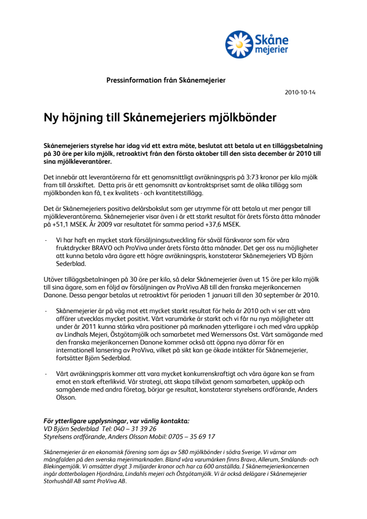 Ny höjning till Skånemejeriers mjölkbönder