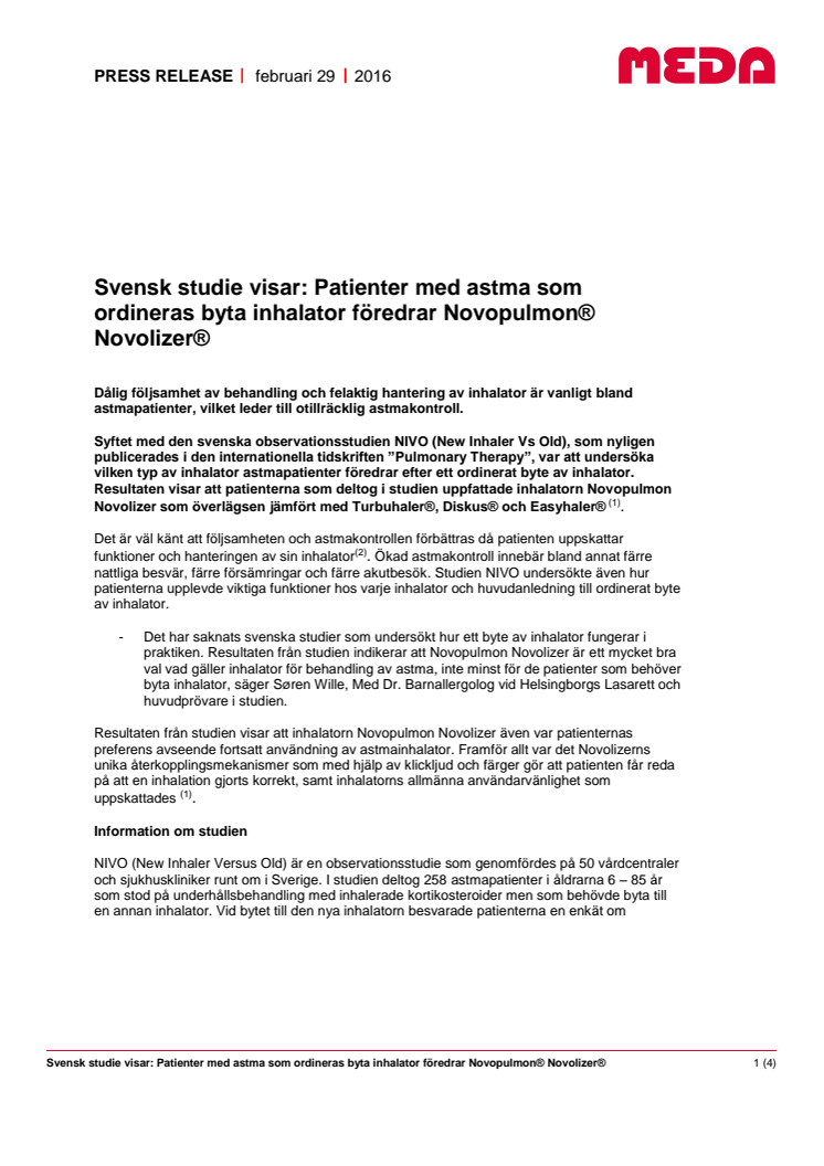 Svensk studie visar: Patienter med astma som ordineras byta inhalator föredrar Novopulmon® Novolizer®