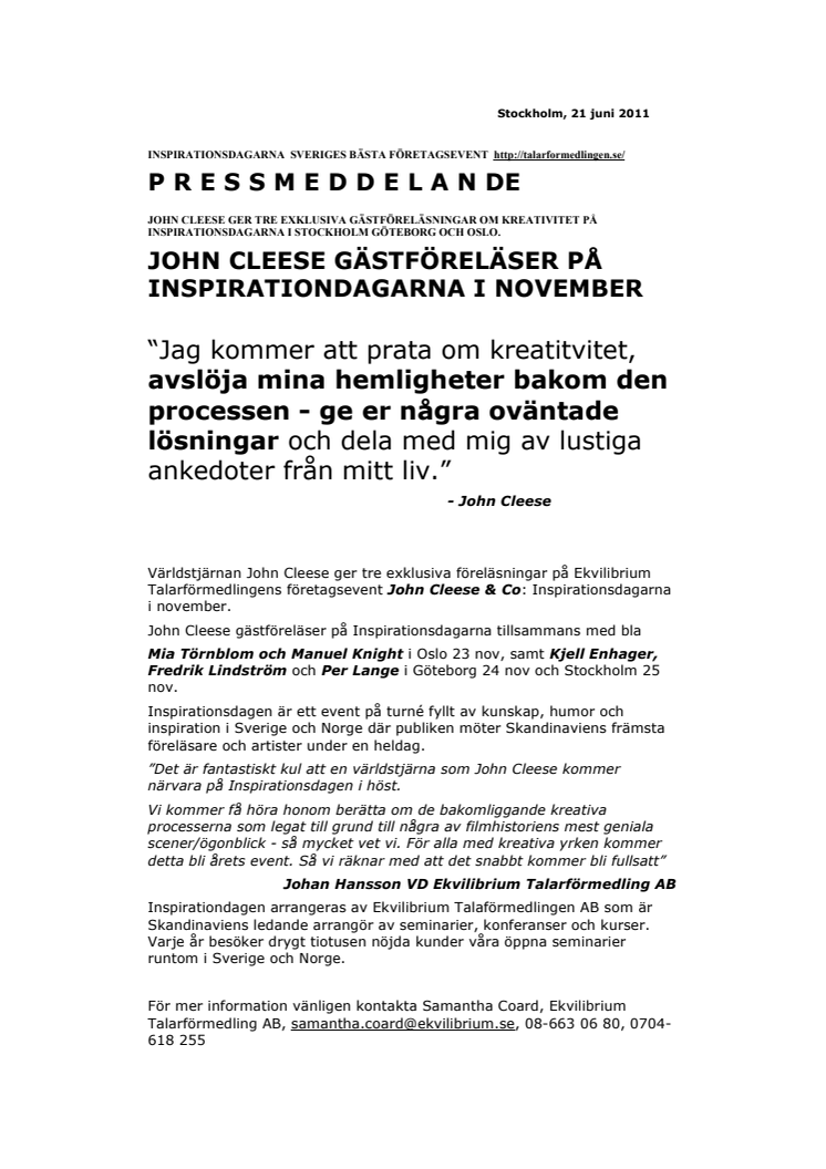 JOHN CLEESE GÄSTFÖRELÄSER PÅ INSPIRATIONDAGARNA I NOVEMBER