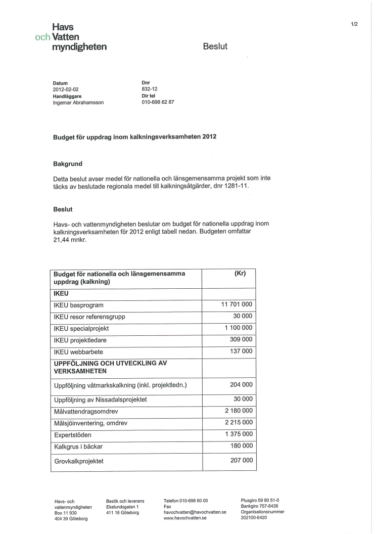 Kalkning nationellt beslut 2012