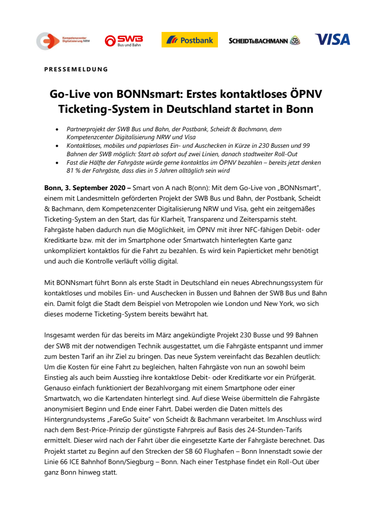 Go-Live von BONNsmart: Erstes kontaktloses ÖPNV Ticketing-System in Deutschland startet in Bonn