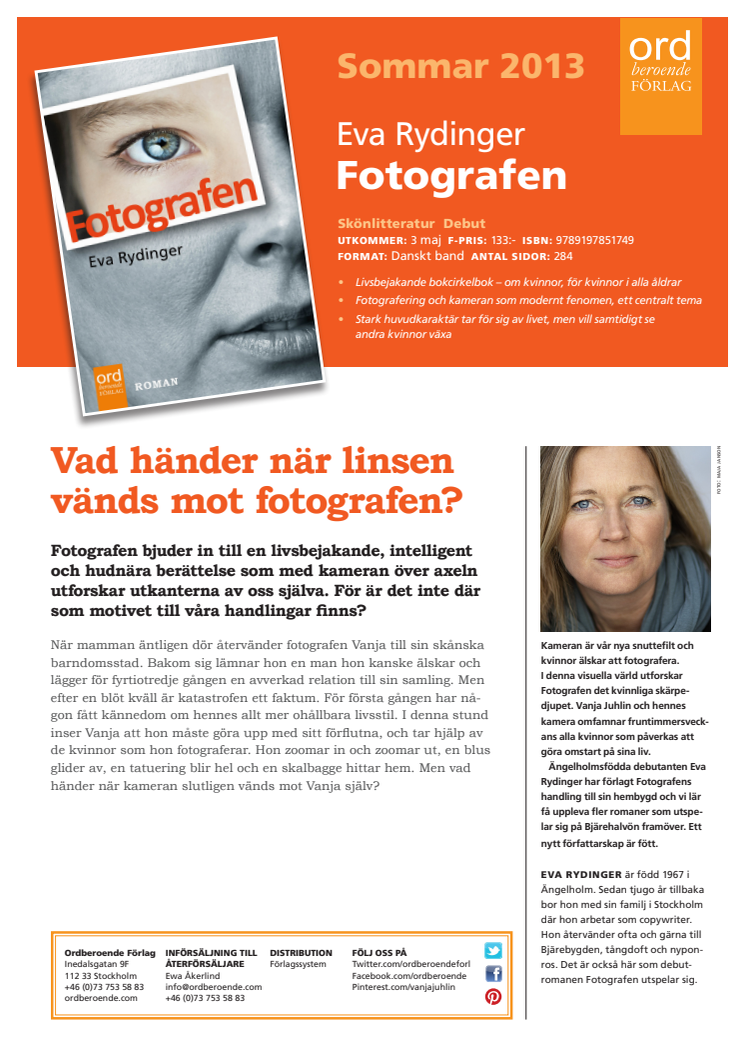 Presentationsblad för romanen Fotografen