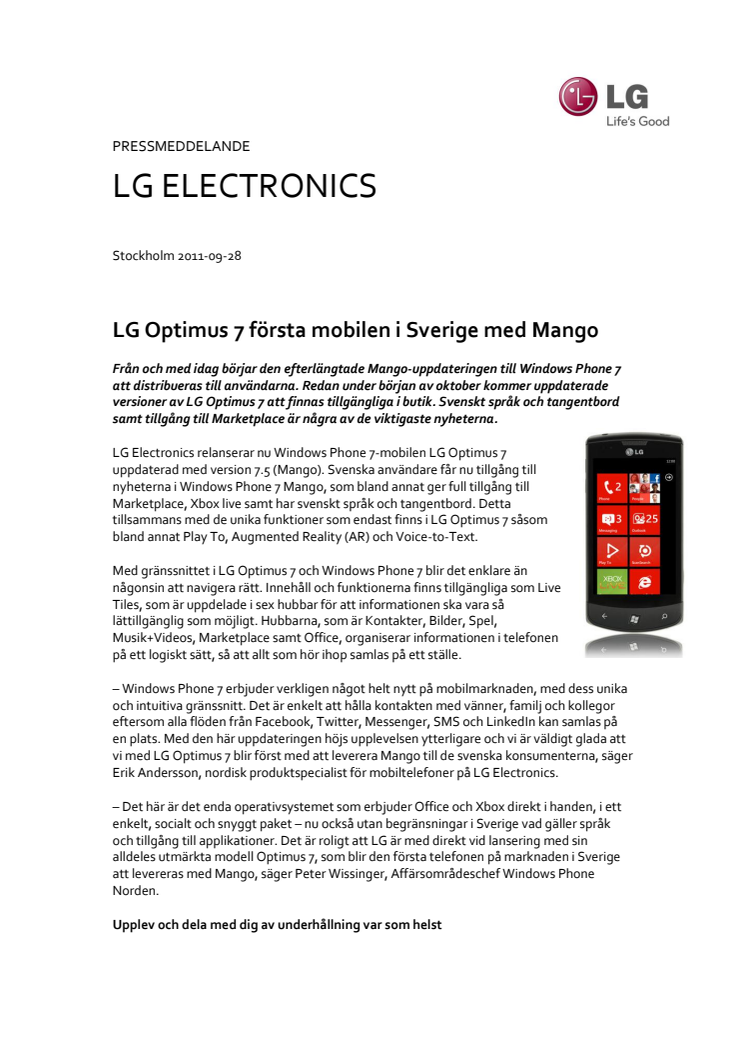 LG Optimus 7 första mobilen i Sverige med Mango