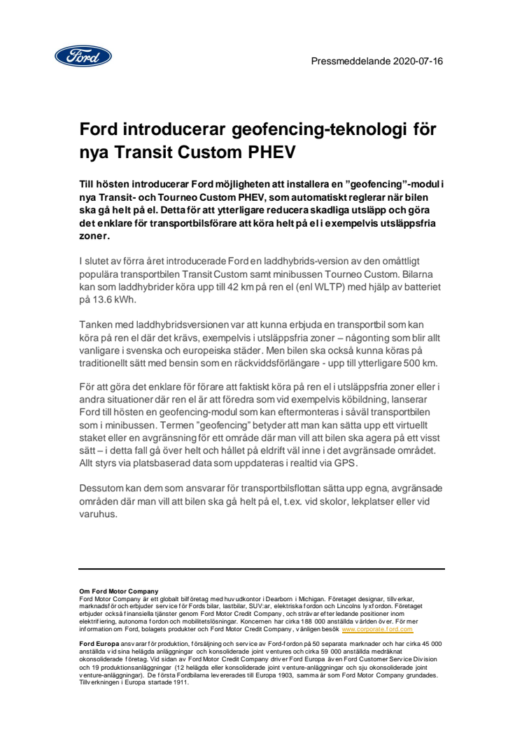 Ford introducerar geofencing-teknologi för nya Transit Custom PHEV 