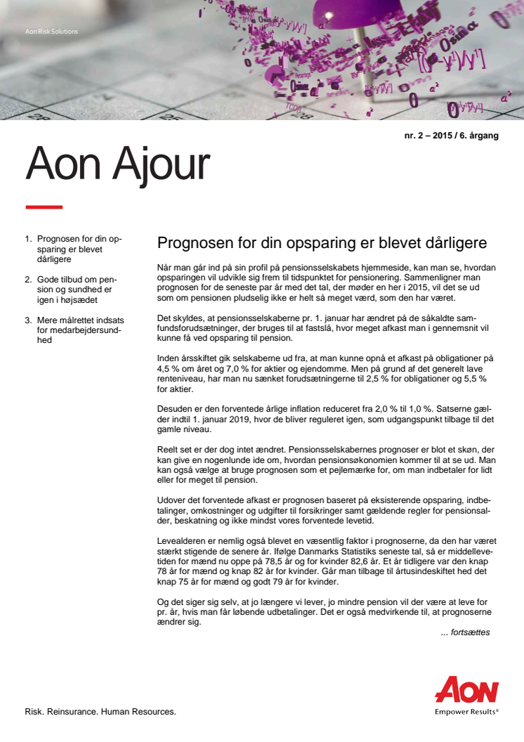 Aon Ajour 2-2015: Prognosen for din pensionsopsparing er blevet dårligere
