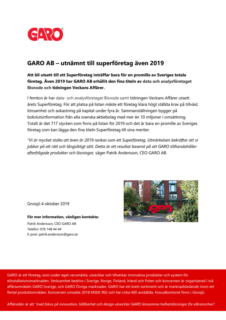 GARO AB – utnämnt till superföretag även 2019