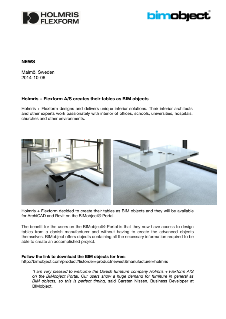Holmris + Flexform A/S creates their tables as BIM objects