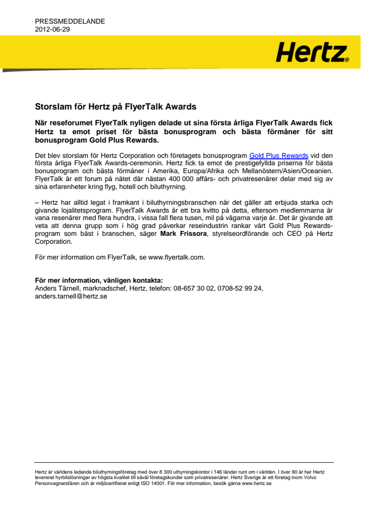 Storslam för Hertz på FlyerTalk Awards