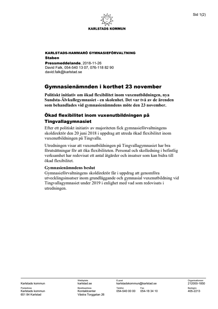 Gymnasienämnden i korthet 23 november