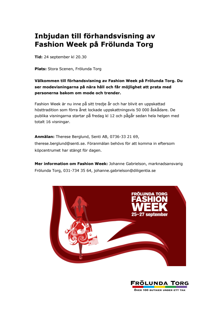 Inbjudan till förhandsvisning av Fashion Week på Frölunda Torg 