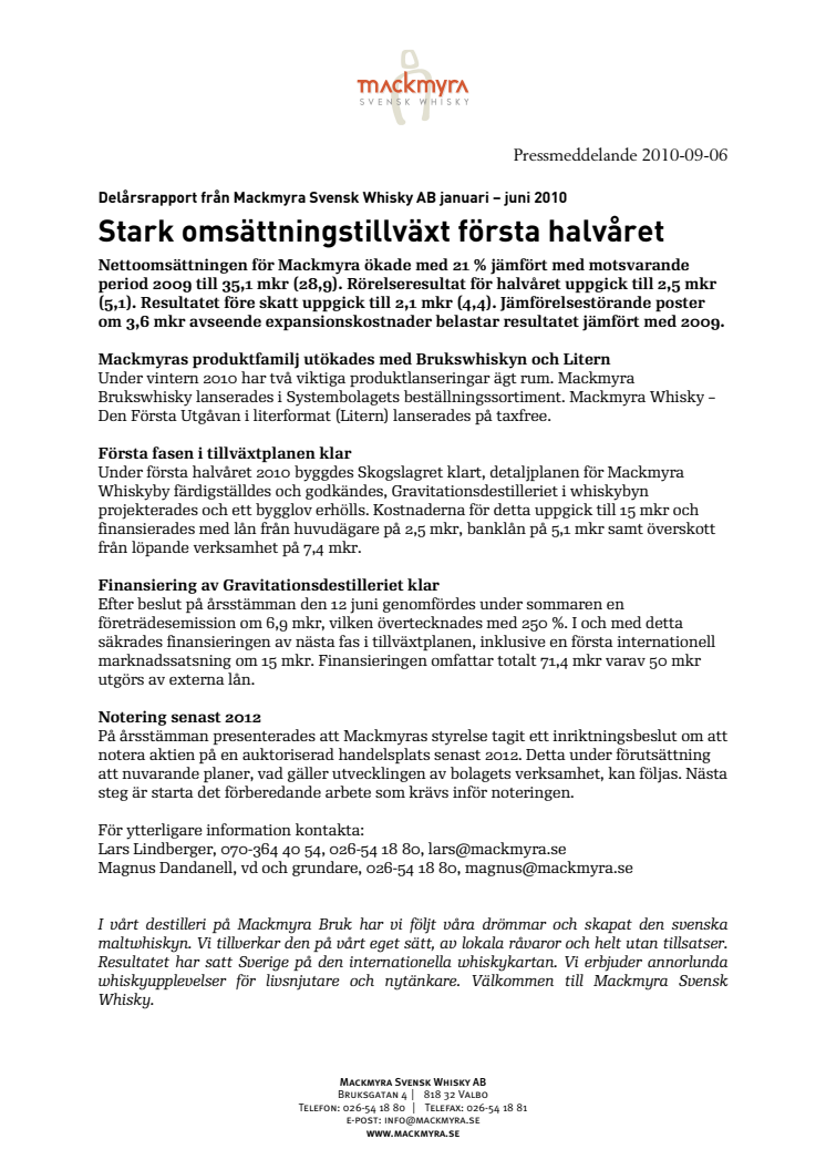 Stark omsättningstillväxt för Mackmyra första halvåret 2010