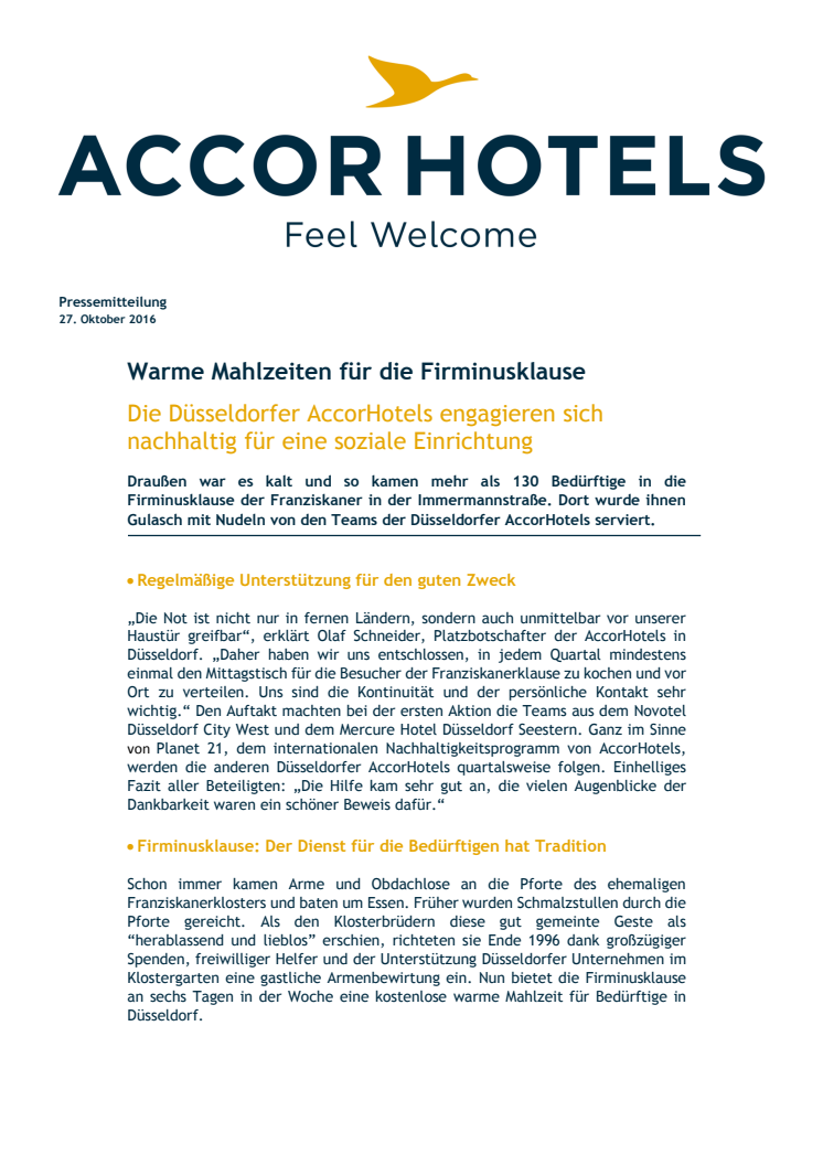 Regelmäßige Unterstützung für den guten Zweck. Düsseldorfer AccorHotels engagieren sich für Firminusklause