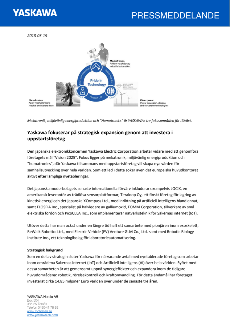 Yaskawa fokuserar på strategisk expansion genom att investera i uppstartsföretag.