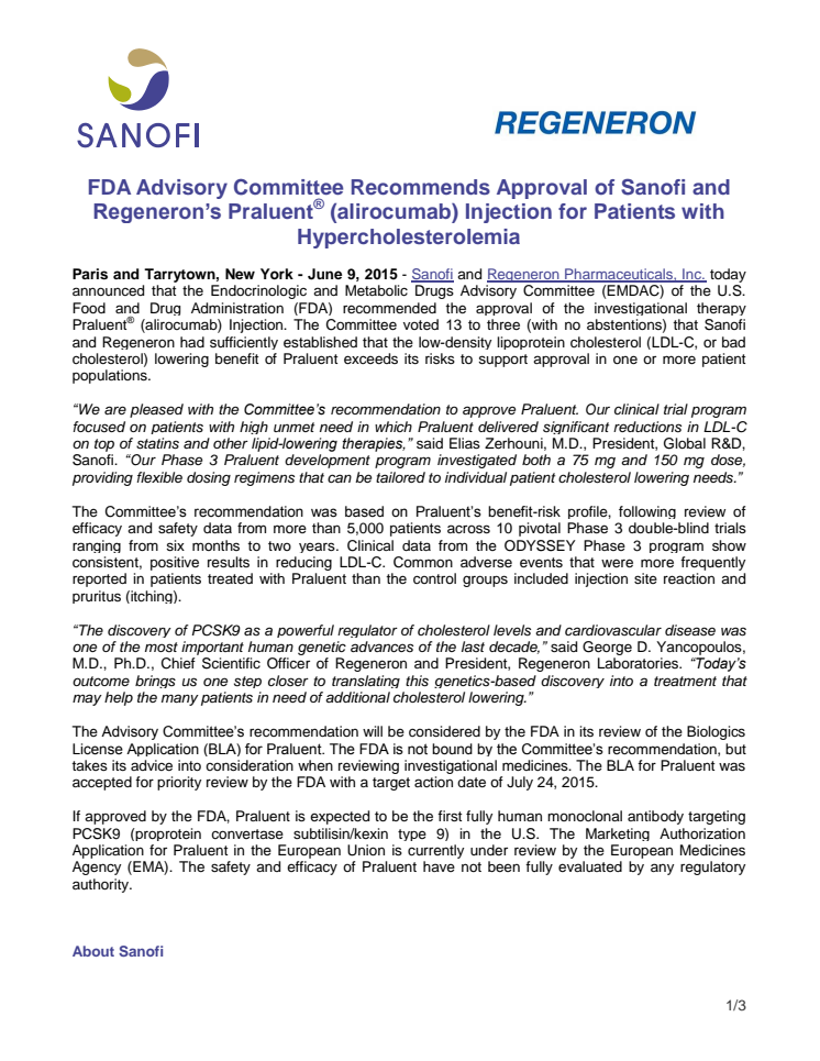 FDA Advisory Committee Recommends Approval of Sanofi and Regeneron’s Praluent ® (alirocumab) Injection for Patients with Hypercholesterolemia