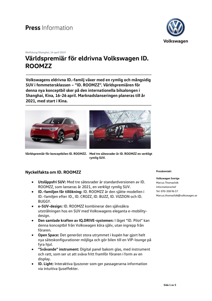 Världspremiär för eldrivna Volkswagen ID. ROOMZZ