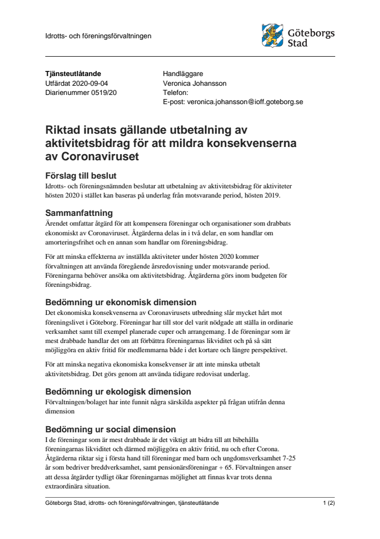 Tjänsteutlåtande - Riktad insats gällande utbetalning av aktivitetsbidrag för att mildra konsekvenserna av Coronaviruset.pdf