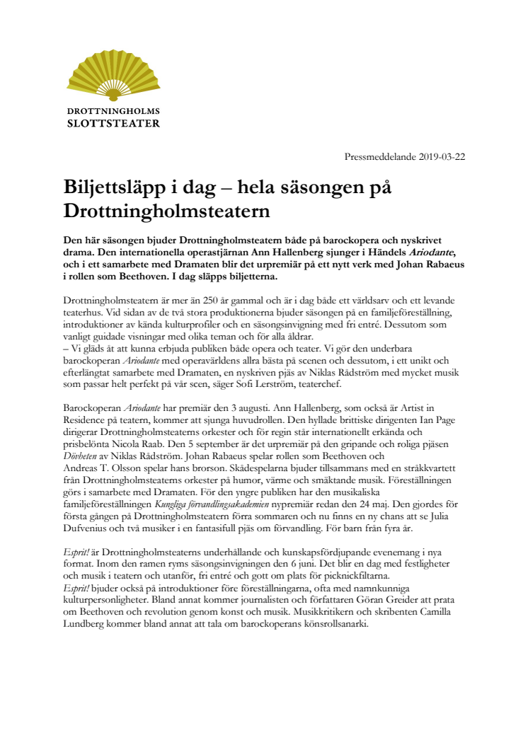 Biljettsläpp i dag – hela säsongen på Drottningholmsteatern