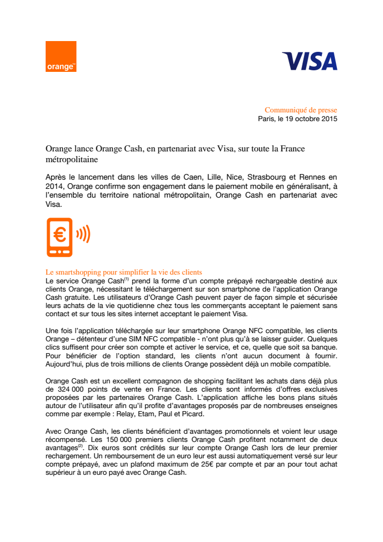 Orange lance Orange Cash, en partenariat avec Visa, sur toute la France métropolitaine