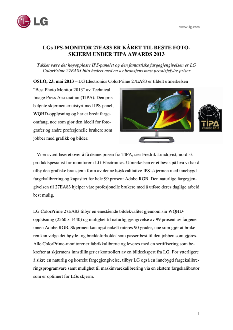 LGs IPS-MONITOR 27EA83 ER KÅRET TIL BESTE FOTOSKJERM UNDER TIPA AWARDS 2013