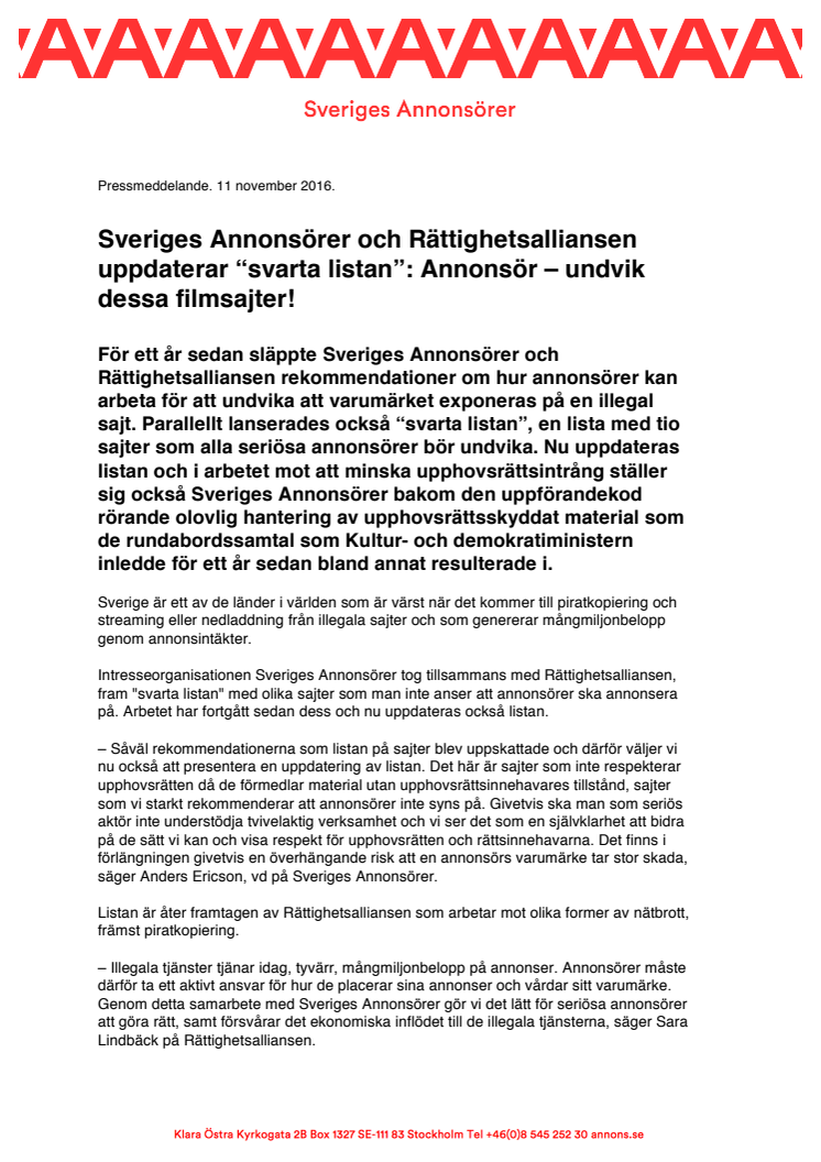 Sveriges Annonsörer och Rättighetsalliansen uppdaterar “svarta listan”: Annonsör – undvik dessa filmsajter!