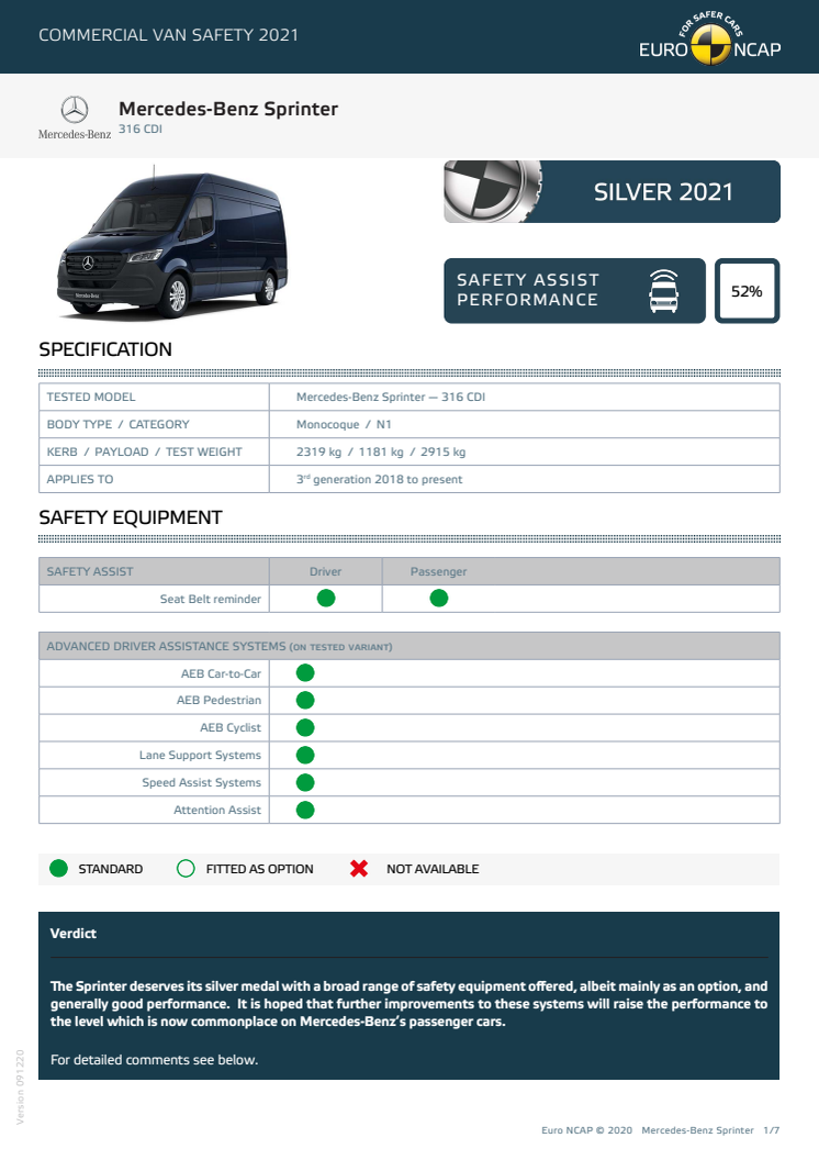 Euro NCAP Commercial Van Testing - Mercedes-Benz Sprinter datasheet