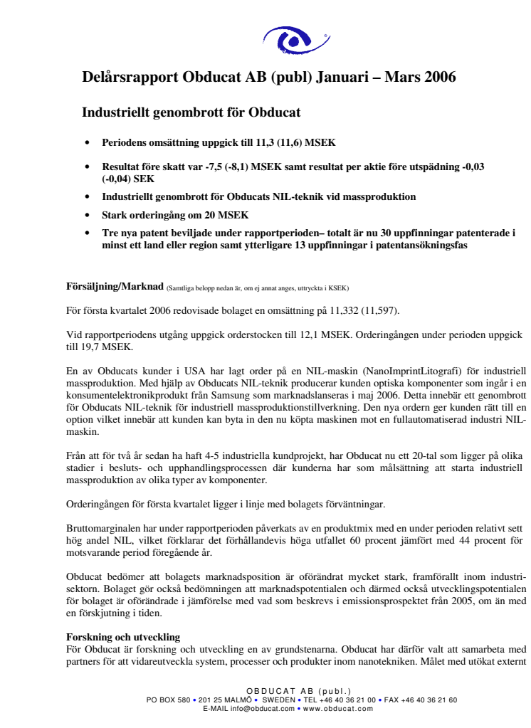 DELÅRSRAPPORT OBDUCAT AB (PUBL) JANUARI  MARS 2006